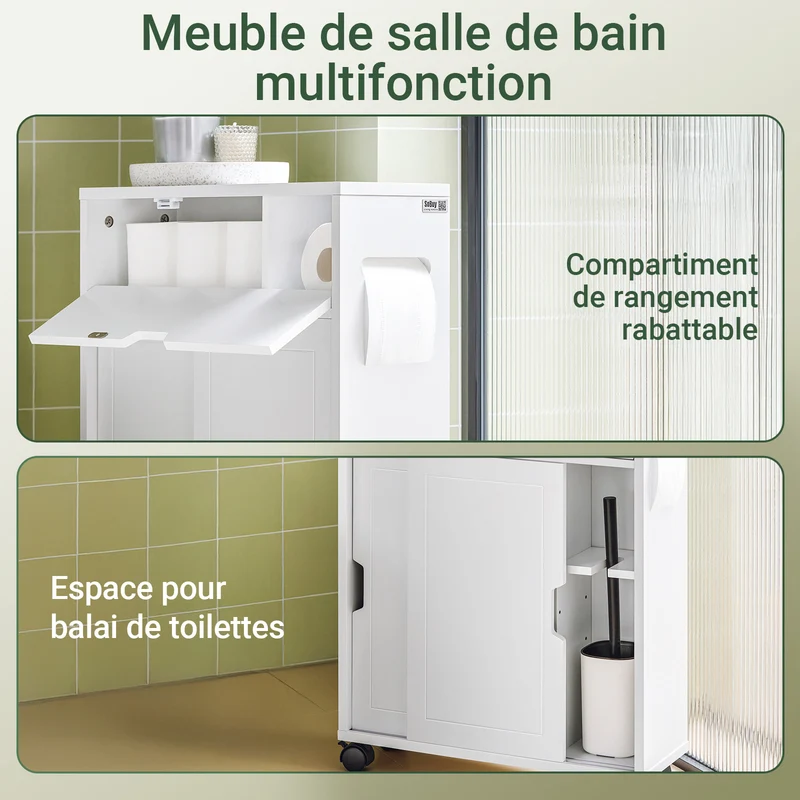 SoBuy BZR31-W Armoire Salle de Bain avec Roulettes et Portes Coulissantes, Gain de Place, Usage Polyvalent, Mobile, Rangement Optimisé – L52×P17×H68 cm, Blanc