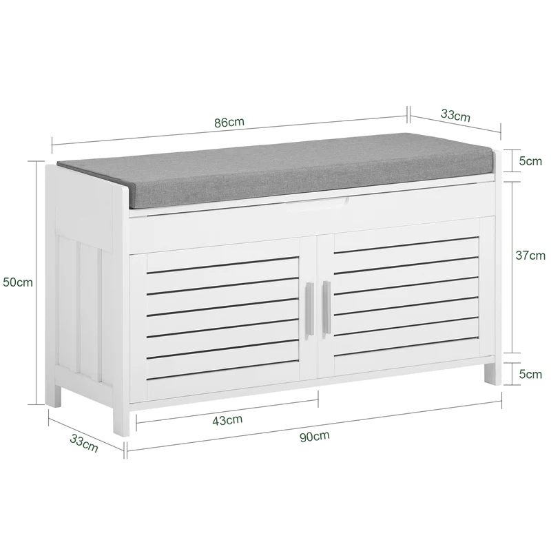 SoBuy FSR102-W Banc à Chaussures avec Coussin Rembourré, Coffre et 2 Portes de Rangement pour Entrée – 90x33x50 cm, Blanc