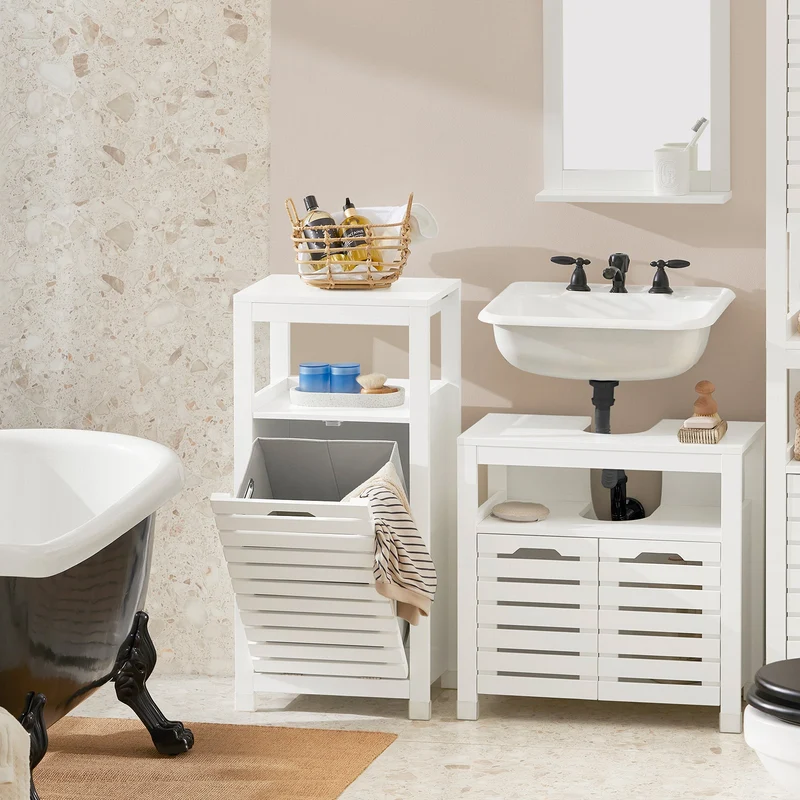 SoBuy BZR67-W Meuble Bas Armoire Toilette avec 1 Panier bac à Linge basculant Meuble de Rangement Corbeille à Linge Coffre à Linge