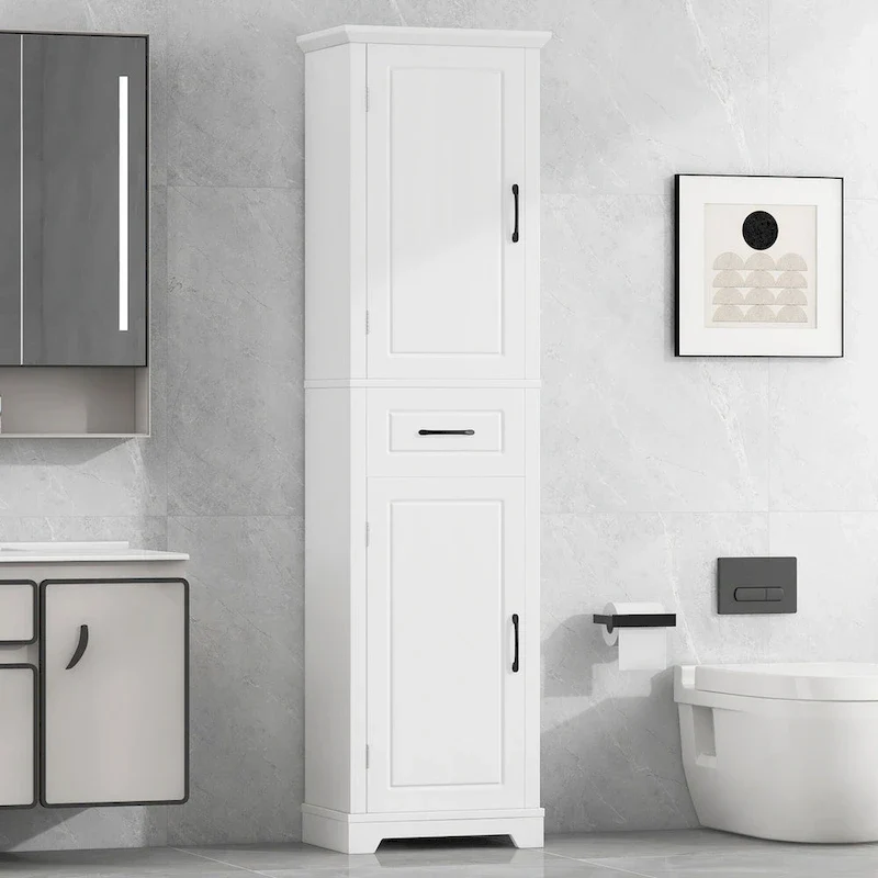 Meuble de salle de bain autoportant polyvalent avec étagères réglables et multiples options de rangement