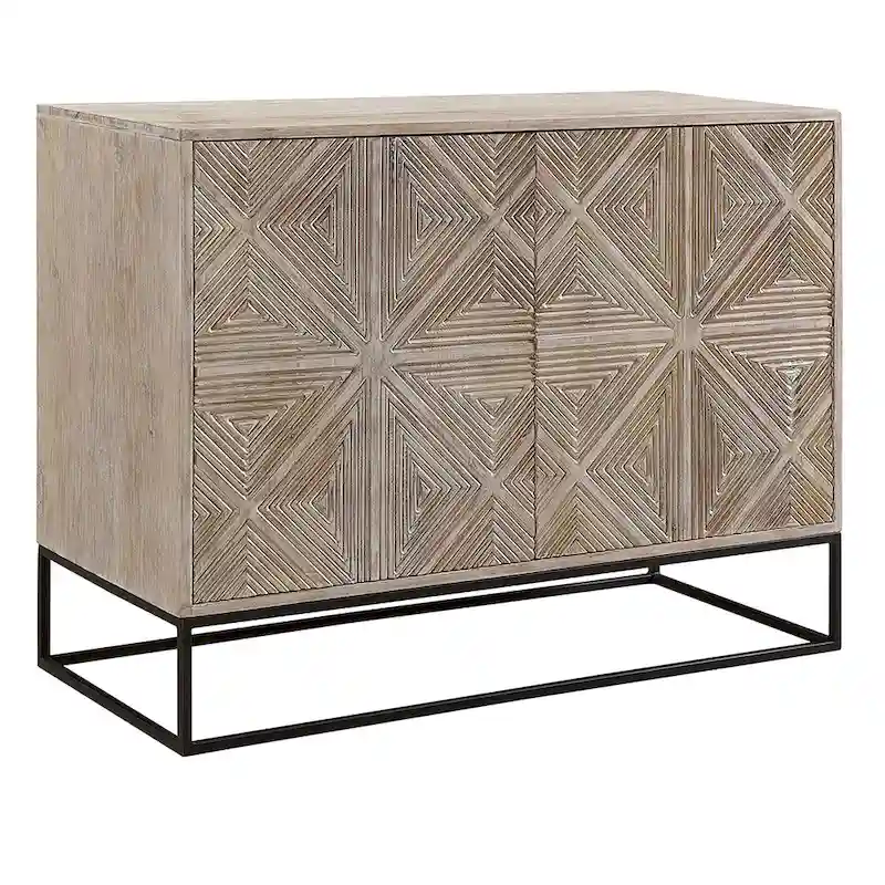 Bahut 4 portes sculptées en bois de manguier 42" avec base en fer