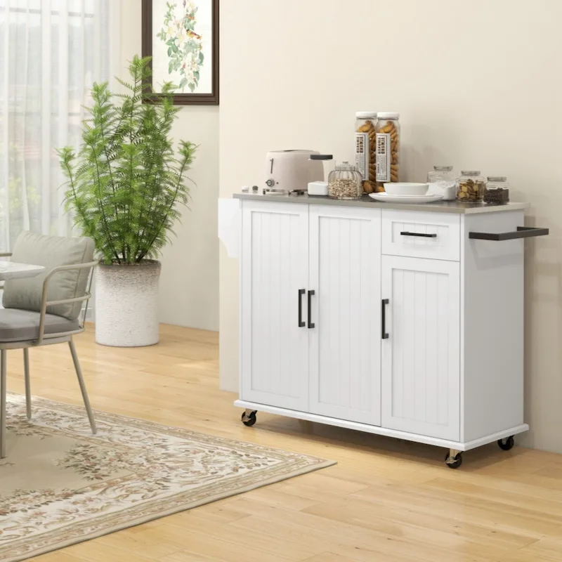 Îlot de cuisine avec rangement, îlot de cuisine roulant sur roulettes avec tiroir, 3 armoires, porte-épices et porte-serviettes, blanc