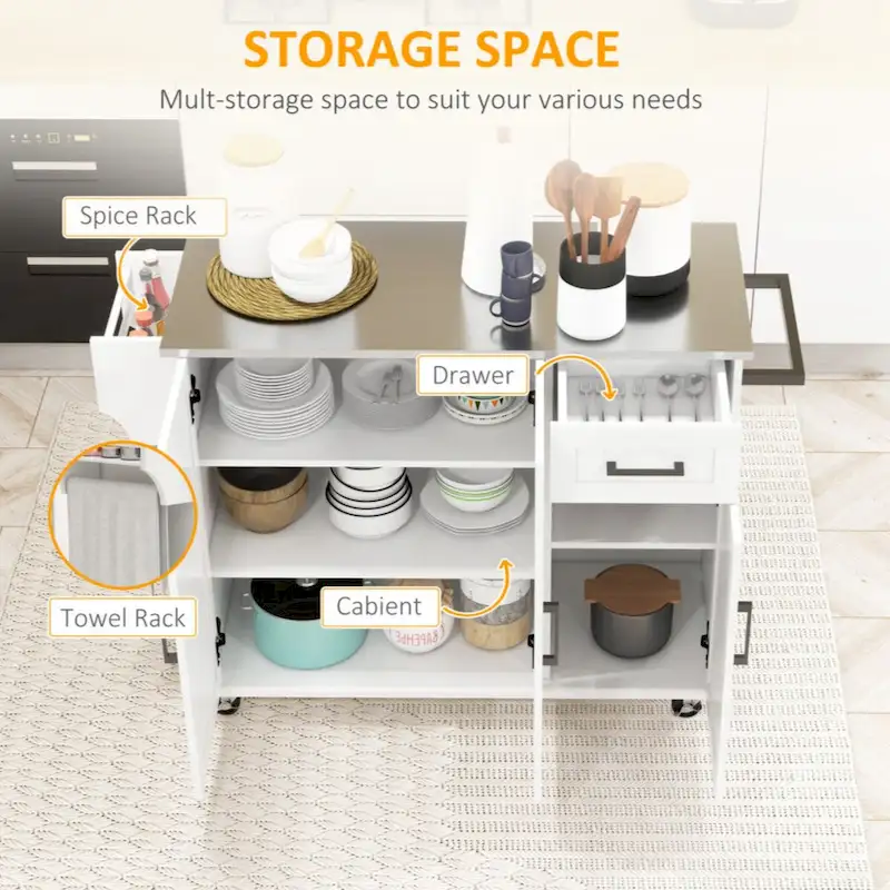 Îlot de cuisine avec rangement, îlot de cuisine roulant sur roulettes avec tiroir, 3 armoires, porte-épices et porte-serviettes, blanc