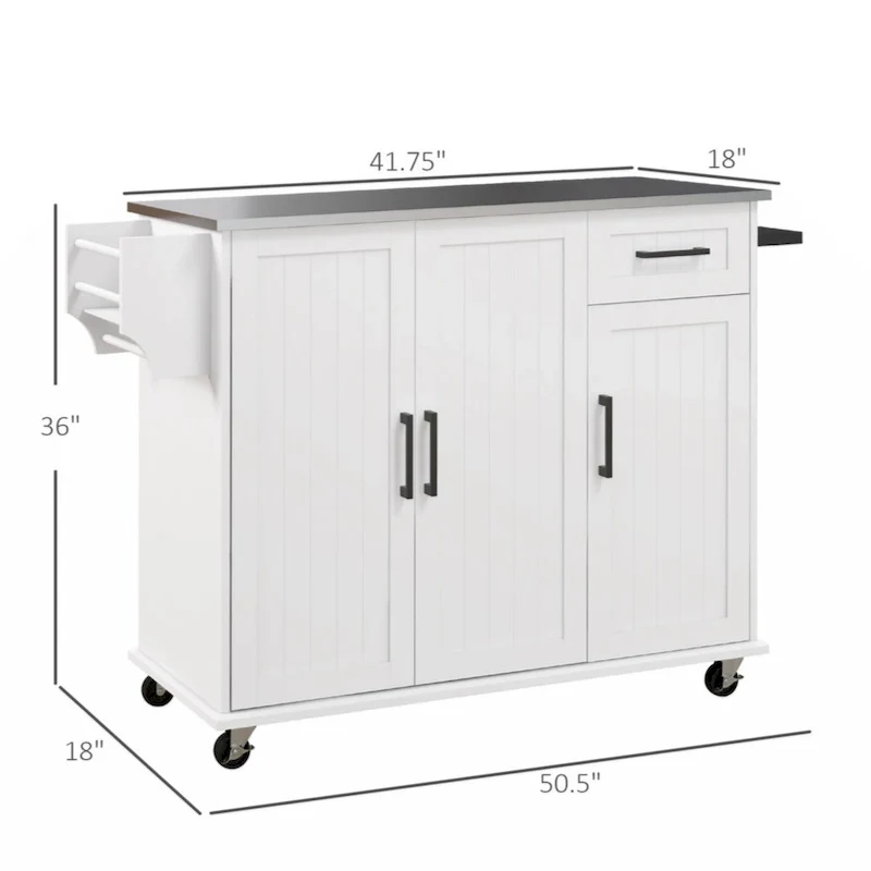 Îlot de cuisine avec rangement, îlot de cuisine roulant sur roulettes avec tiroir, 3 armoires, porte-épices et porte-serviettes, blanc