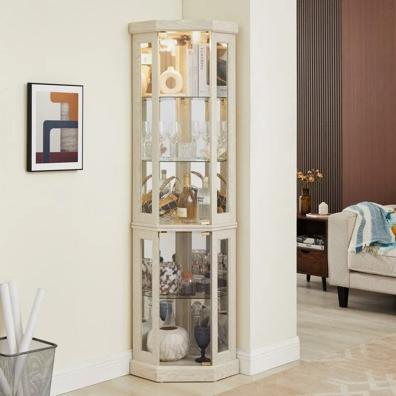 Vitrine d'angle élégante avec éclairage intégré Idéale pour exposer des objets de collection, de la verrerie ou des éléments de décoration.