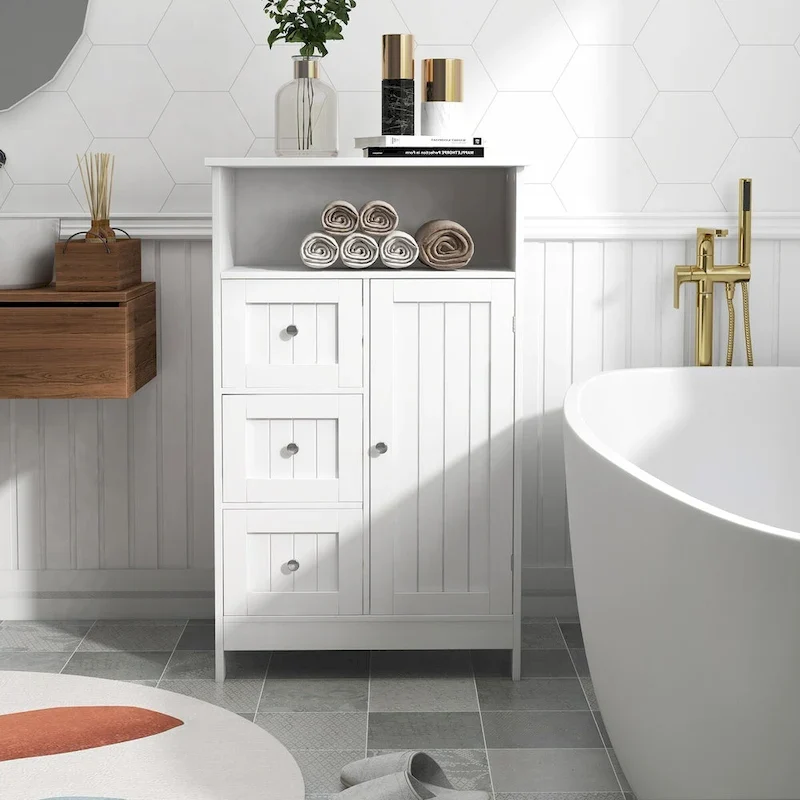 Meuble de rangement de salle de bain blanc sur pied avec 3 tiroirs et 1 porte