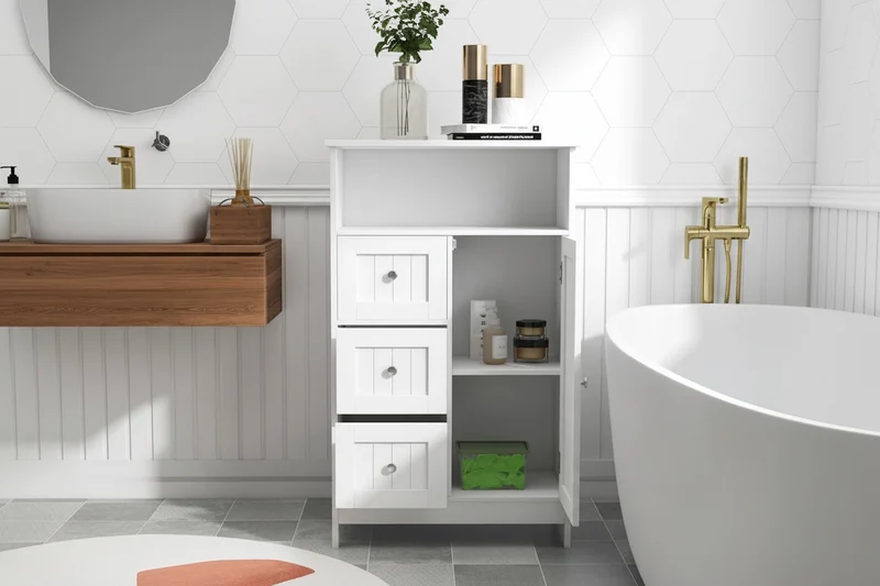 Meuble de rangement de salle de bain blanc sur pied avec 3 tiroirs et 1 porte