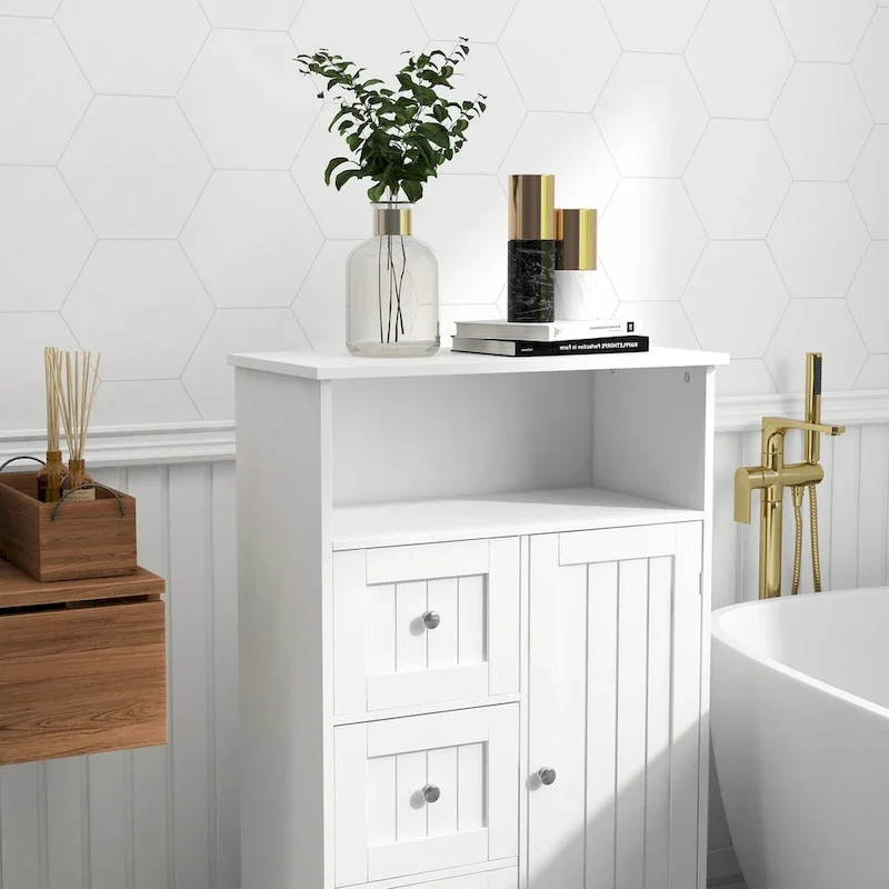 Meuble de rangement de salle de bain blanc sur pied avec 3 tiroirs et 1 porte
