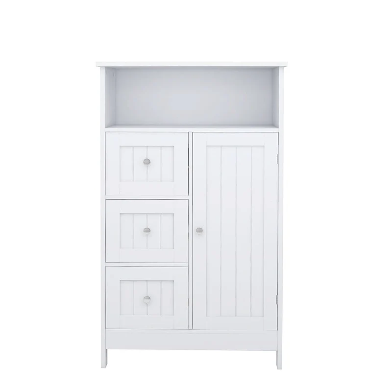 Meuble de rangement de salle de bain blanc sur pied avec 3 tiroirs et 1 porte