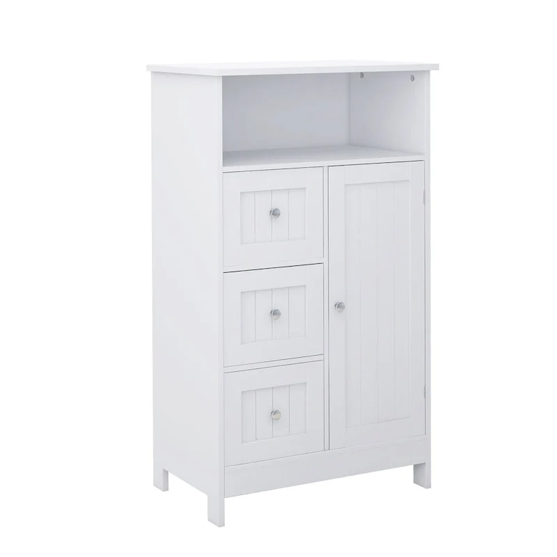 Meuble de rangement de salle de bain blanc sur pied avec 3 tiroirs et 1 porte