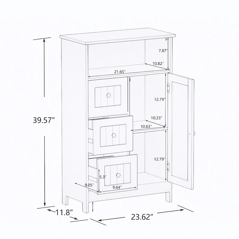 Meuble de rangement de salle de bain blanc sur pied avec 3 tiroirs et 1 porte