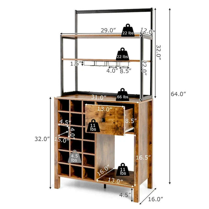 Étagère de cuisine style boulanger avec casier à vin et support à verres