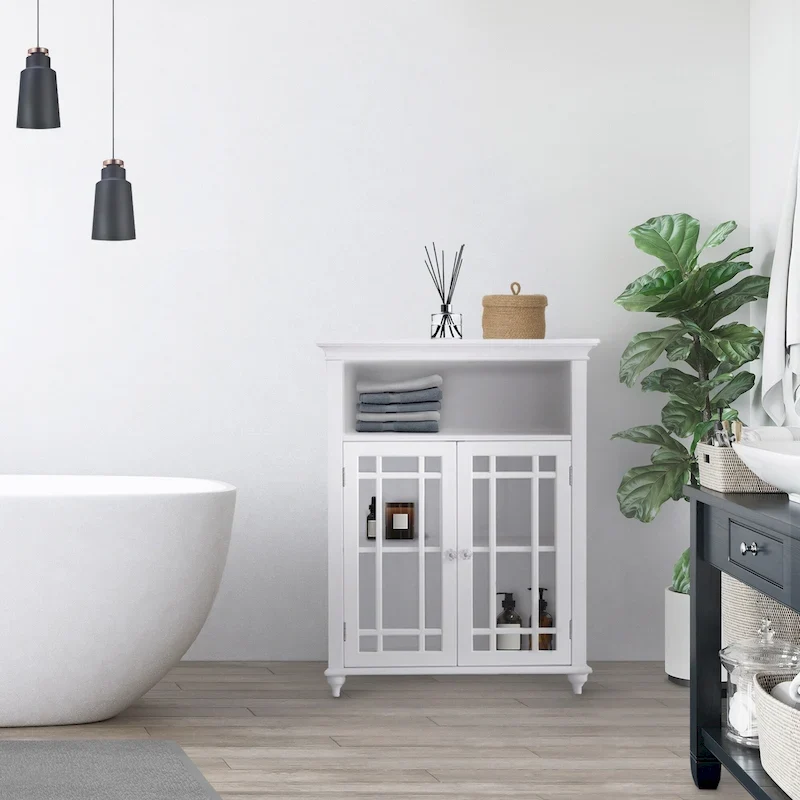 Meuble d'appoint bas à deux portes avec panneaux en verre