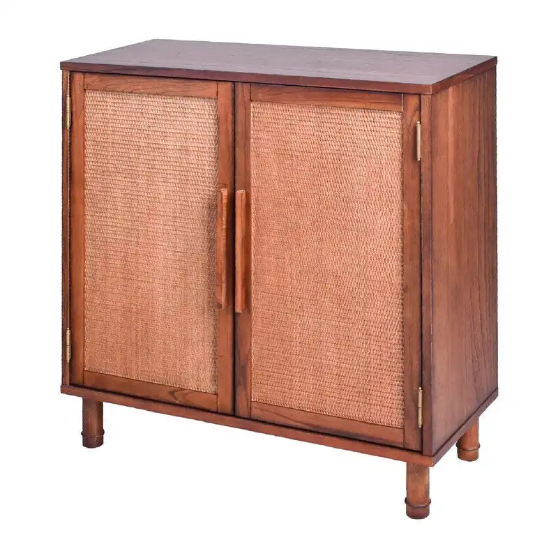 Meuble de rangement marron à 2 portes avec panneaux en rotin et étagère réglable