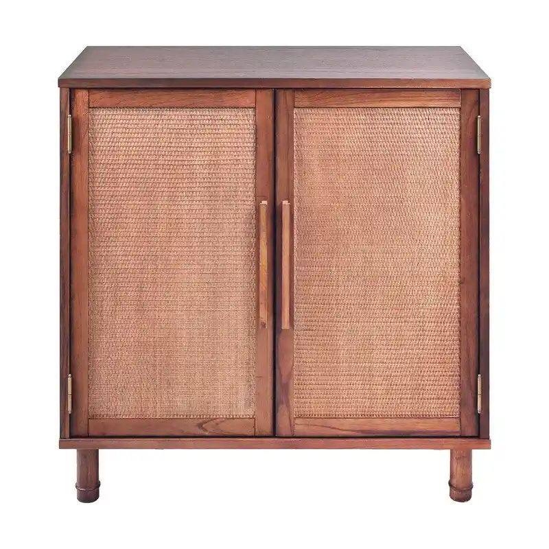 Meuble de rangement marron à 2 portes avec panneaux en rotin et étagère réglable