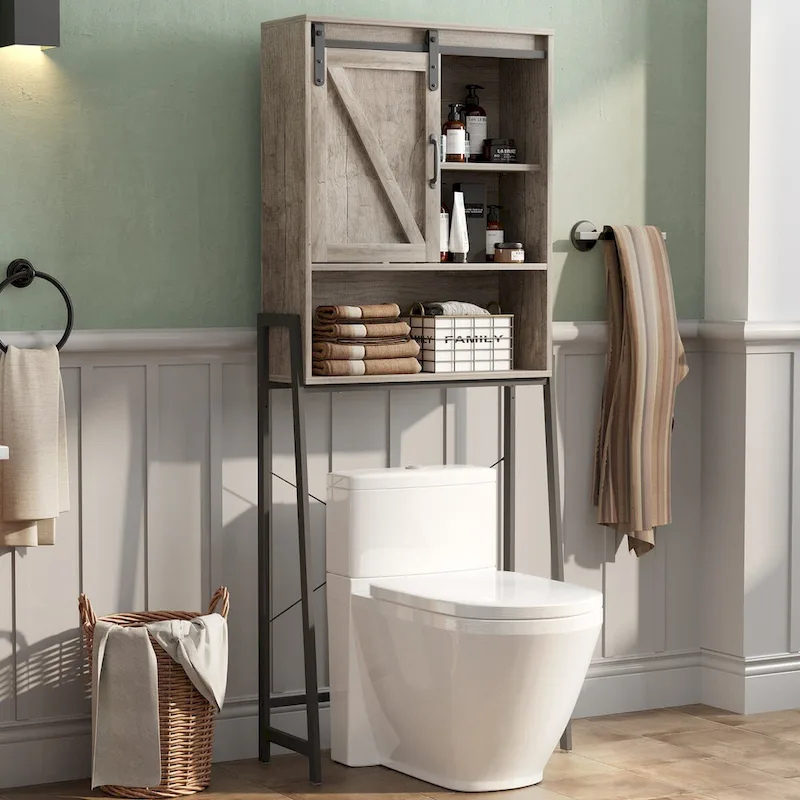 Meuble de rangement WC avec porte coulissante de style grange et étagères réglables