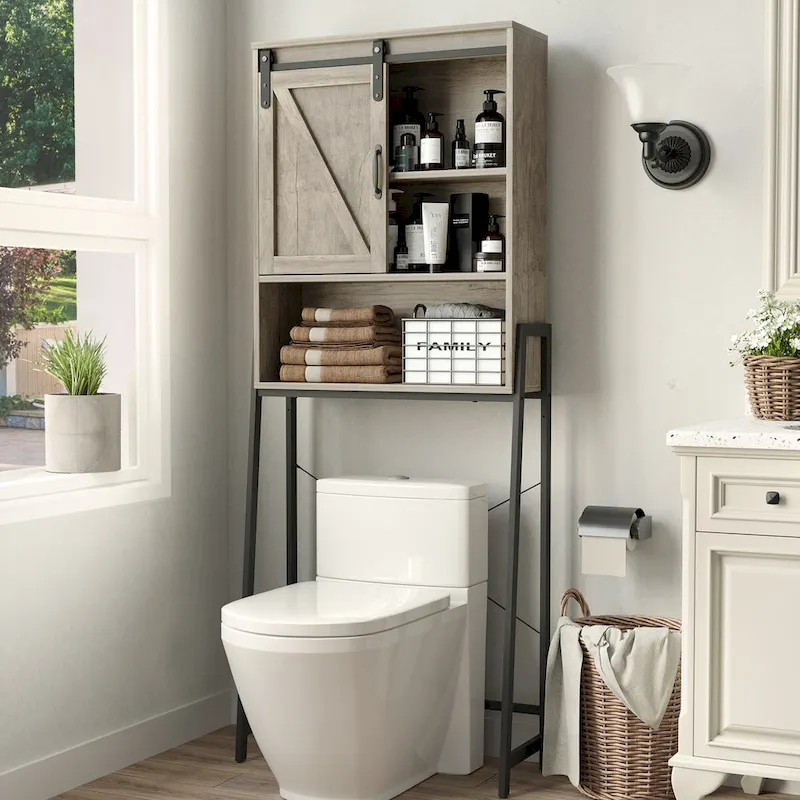 Meuble de rangement WC avec porte coulissante de style grange et étagères réglables