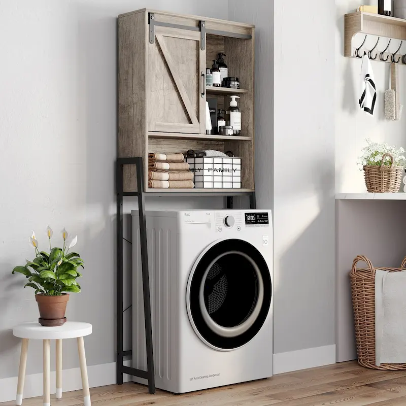 Meuble de rangement WC avec porte coulissante de style grange et étagères réglables