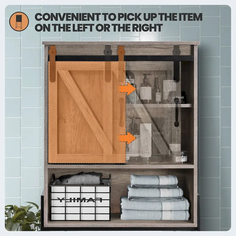 Meuble de rangement WC avec porte coulissante de style grange et étagères réglables
