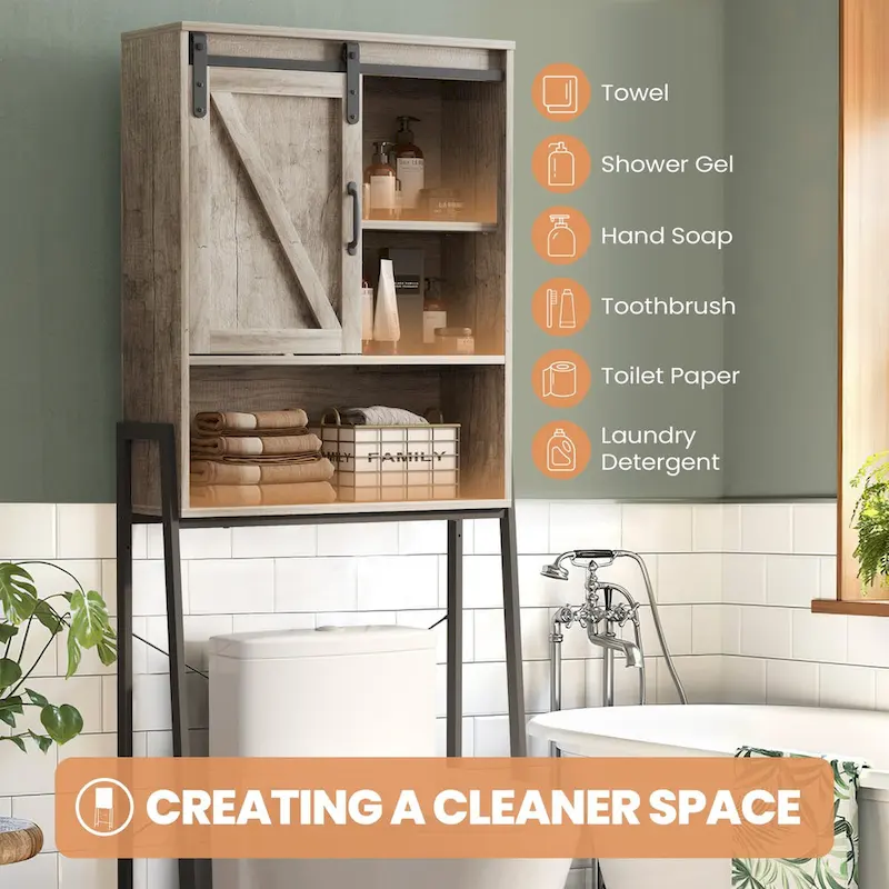 Meuble de rangement WC avec porte coulissante de style grange et étagères réglables