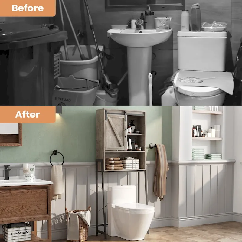 Meuble de rangement WC avec porte coulissante de style grange et étagères réglables