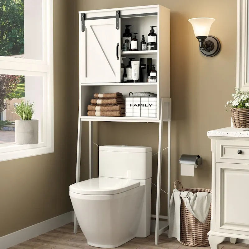 Meuble de rangement WC avec porte coulissante de style grange et étagères réglables