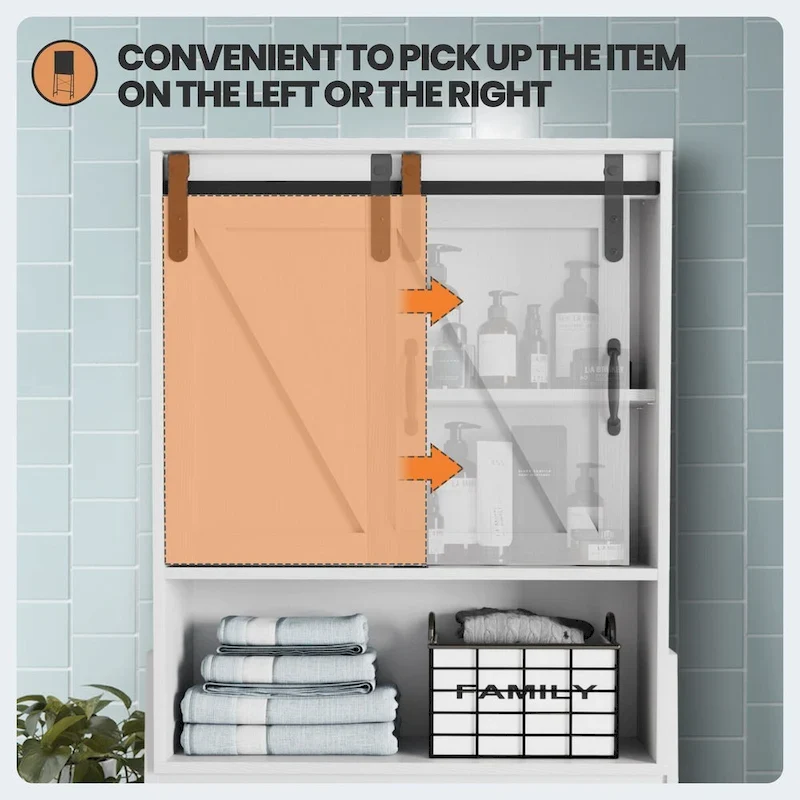 Meuble de rangement WC avec porte coulissante de style grange et étagères réglables