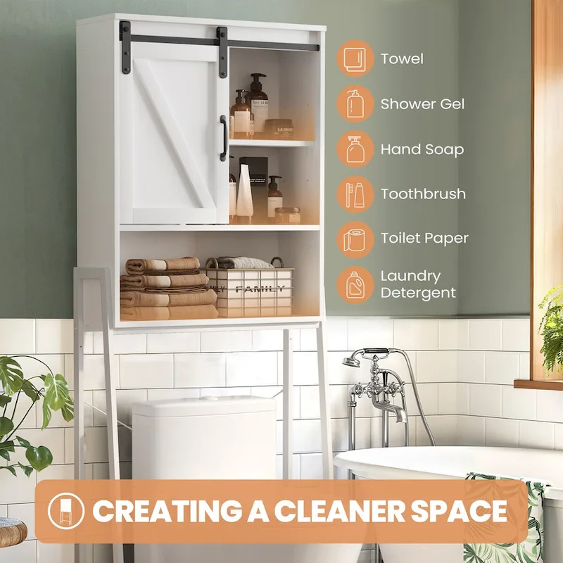 Meuble de rangement WC avec porte coulissante de style grange et étagères réglables