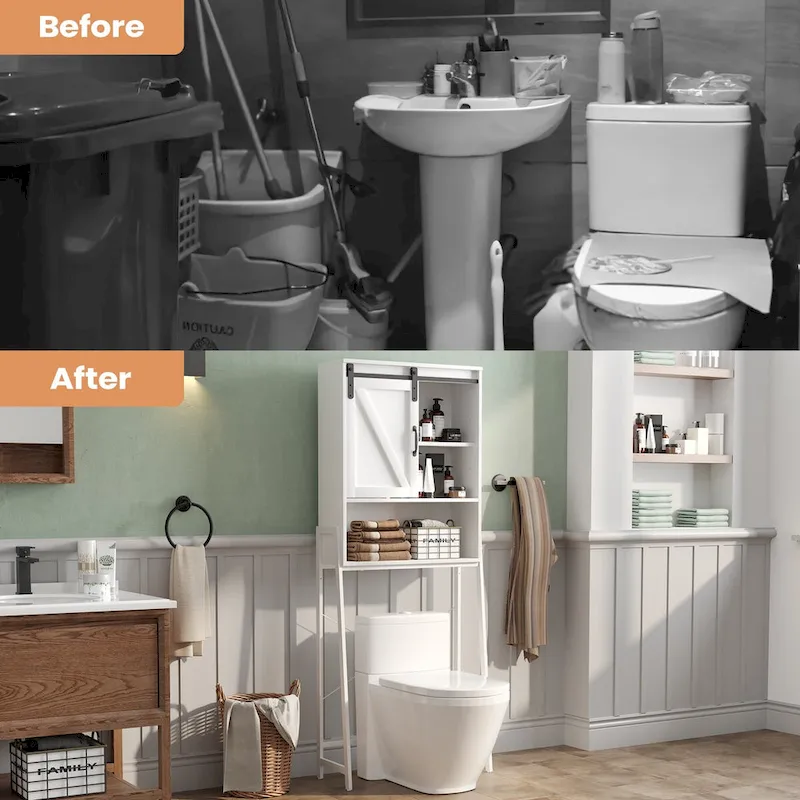 Meuble de rangement WC avec porte coulissante de style grange et étagères réglables