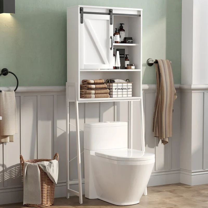 Meuble de rangement WC avec porte coulissante de style grange et étagères réglables