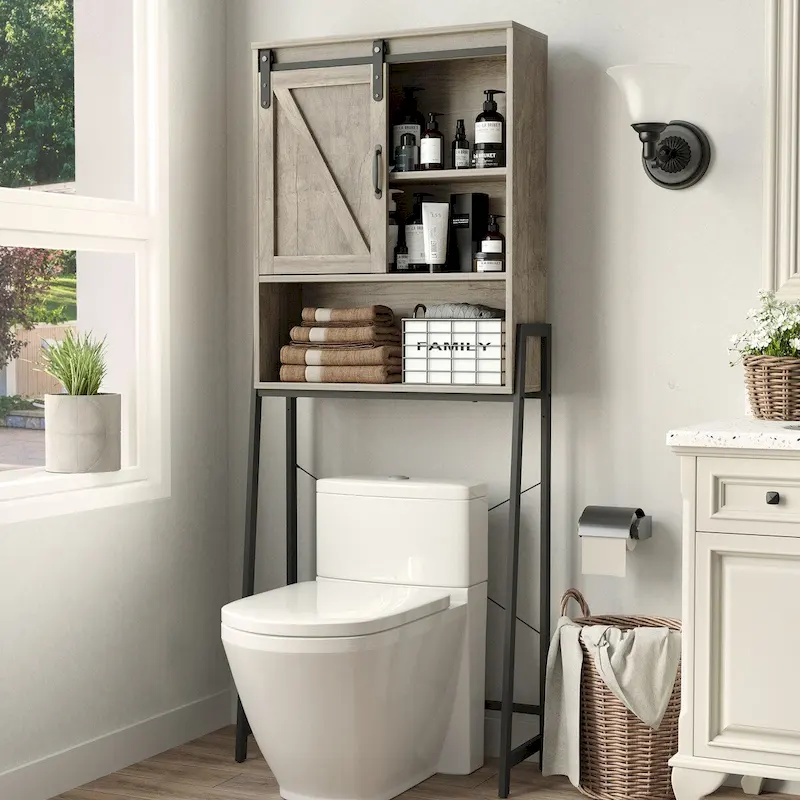 Meuble de rangement WC avec porte coulissante de style grange et étagères réglables