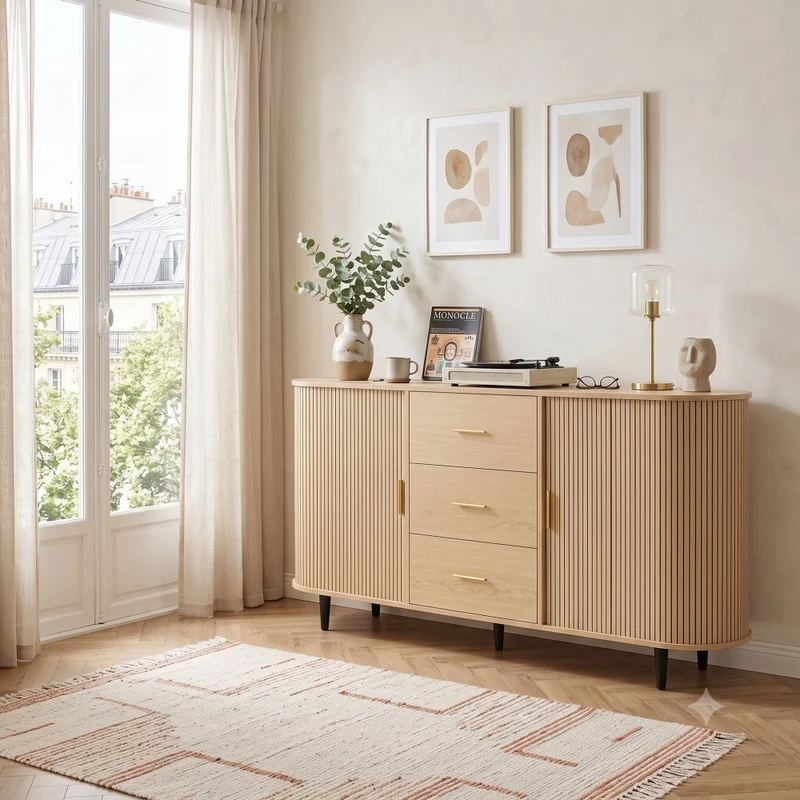 Buffet effet bois clair avec portes coulissantes 3 tiroirs, design arrondi à rainures verticales accents dorés MINIMALISTCONTAINERH