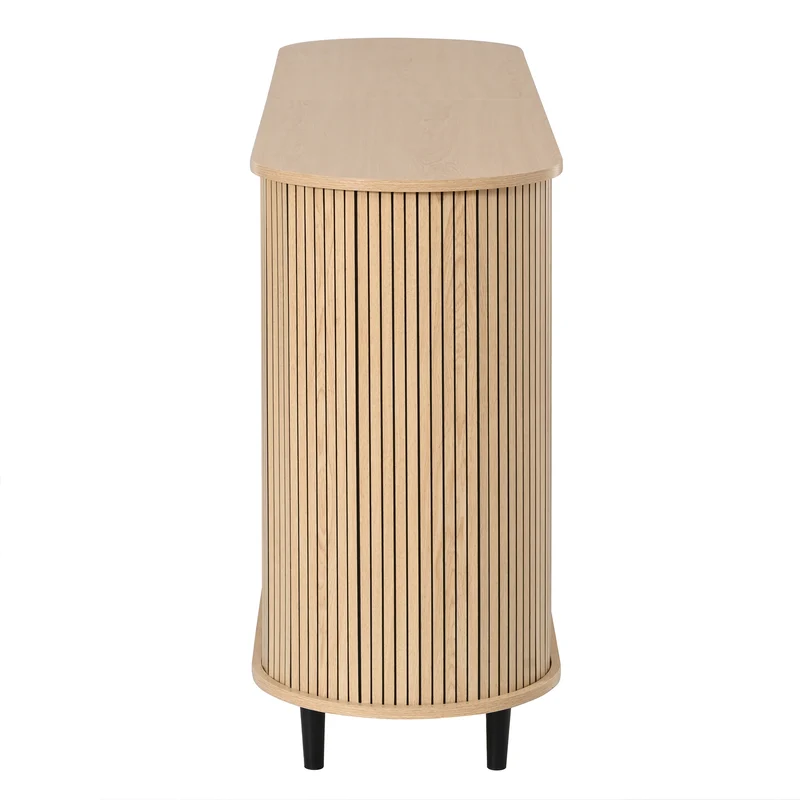 Buffet effet bois clair avec portes coulissantes 3 tiroirs, design arrondi à rainures verticales accents dorés MINIMALISTCONTAINERH