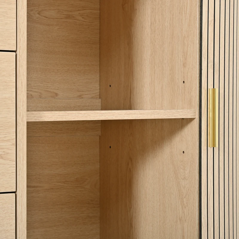 Buffet effet bois clair avec portes coulissantes 3 tiroirs, design arrondi à rainures verticales accents dorés MINIMALISTCONTAINERH