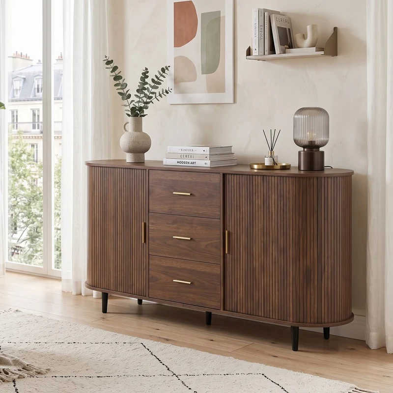Buffet effet noyer avec portes coulissantes 3 tiroirs, design arrondi à rainures verticales accents dorés MINIMALISTCONTAINERA