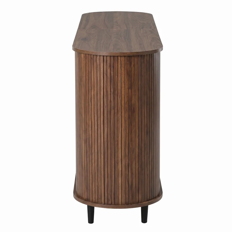 Buffet effet noyer avec portes coulissantes 3 tiroirs, design arrondi à rainures verticales accents dorés MINIMALISTCONTAINERA