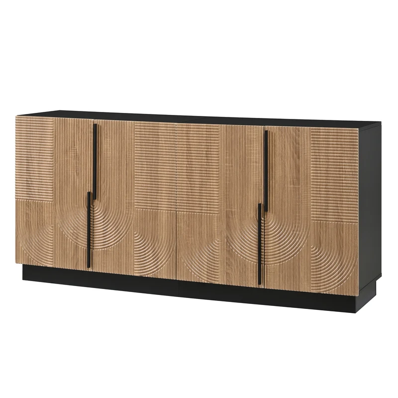 Buffet design effet bois naturel et noir avec 4 portes design lignes et arcs en relief FLEX STYLE