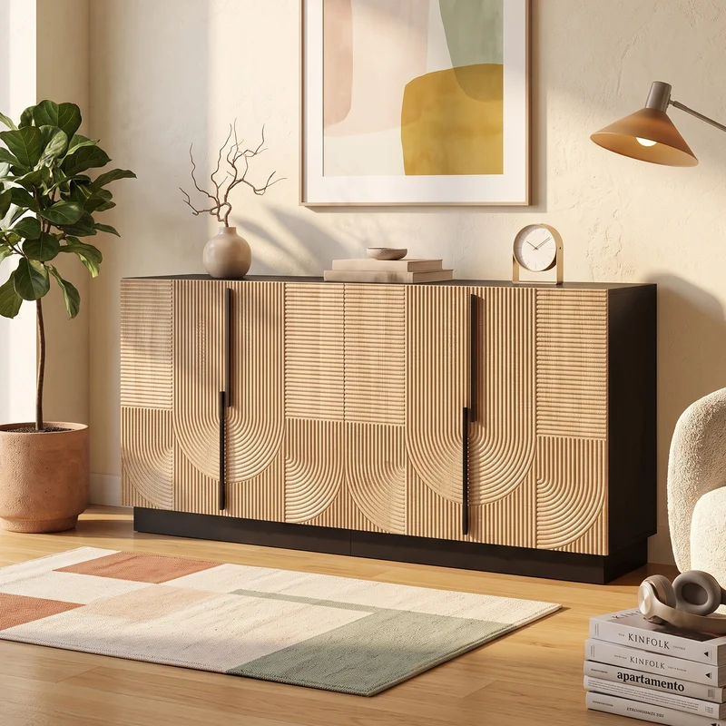 Buffet design effet bois naturel et noir avec 4 portes design lignes et arcs en relief FLEX STYLE