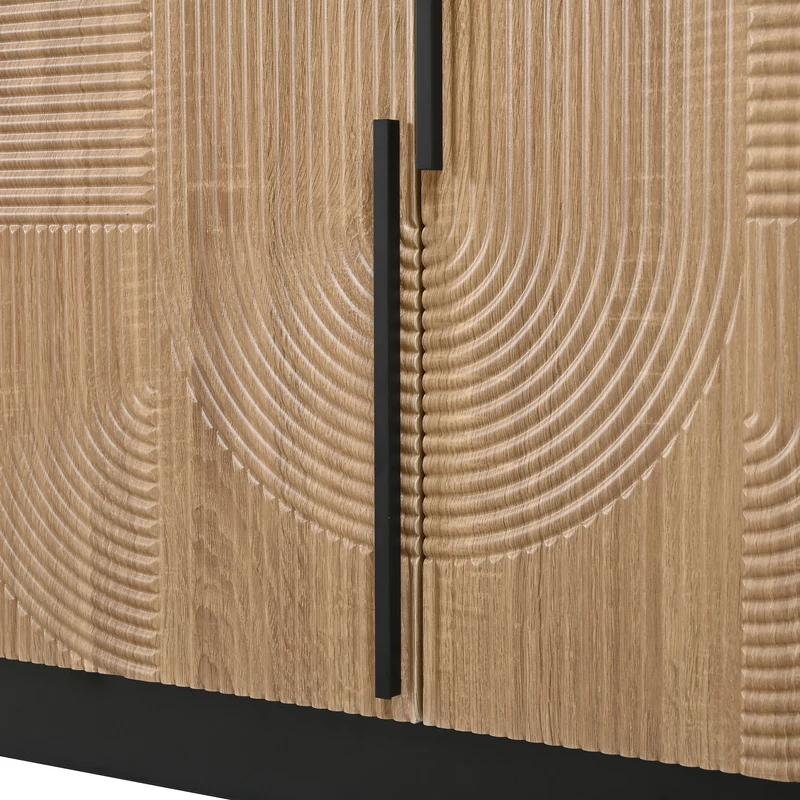 Buffet design effet bois naturel et noir avec 4 portes design lignes et arcs en relief FLEX STYLE