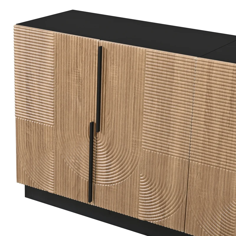Buffet design effet bois naturel et noir avec 4 portes design lignes et arcs en relief FLEX STYLE