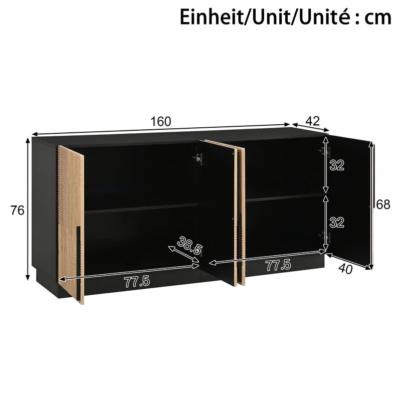 Buffet design effet bois naturel et noir avec 4 portes design lignes et arcs en relief FLEX STYLE
