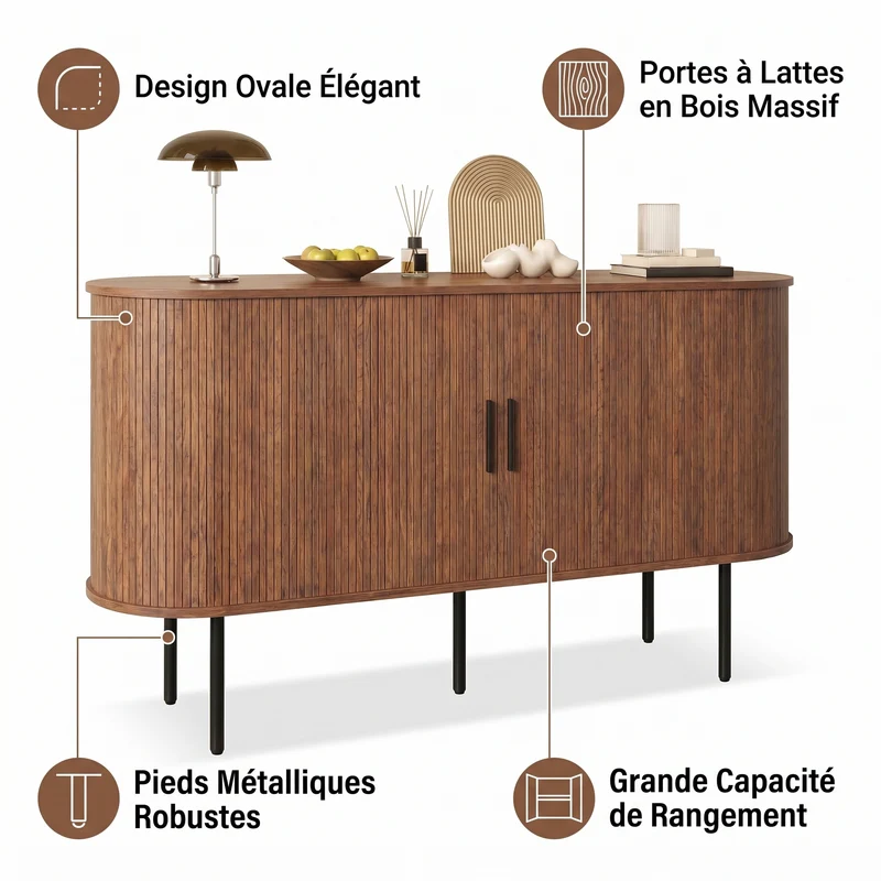 Buffet vintage effet noyer portes coulissantes à latte, poignées et pieds noir BIRCHROOM