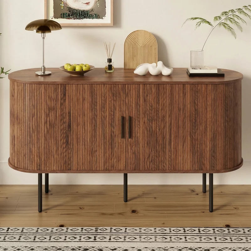 Buffet vintage effet noyer portes coulissantes à latte, poignées et pieds noir BIRCHROOM