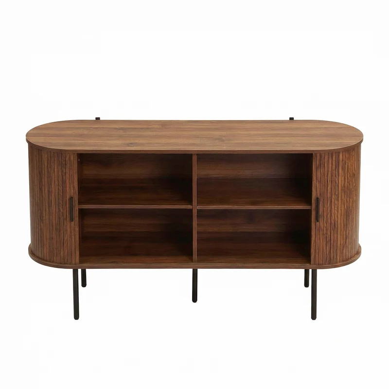 Buffet vintage effet noyer portes coulissantes à latte, poignées et pieds noir BIRCHROOM