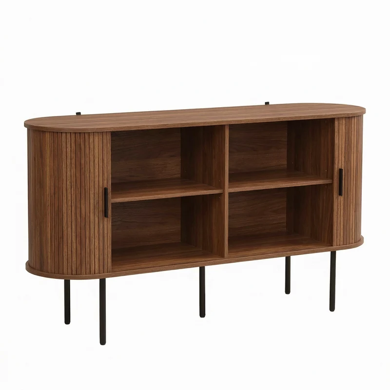 Buffet vintage effet noyer portes coulissantes à latte, poignées et pieds noir BIRCHROOM