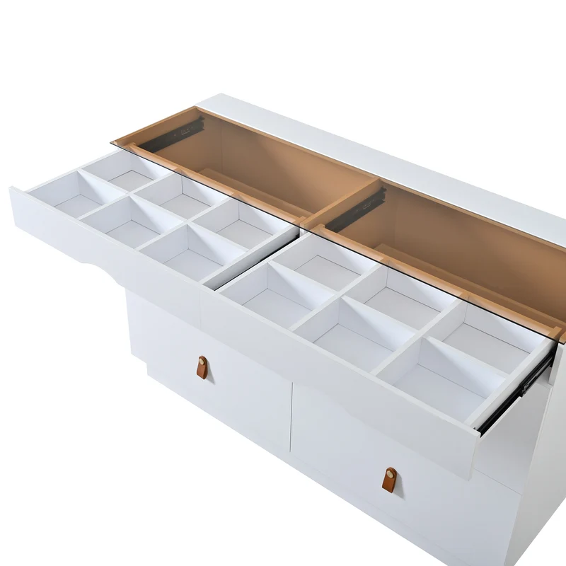 Buffet de chambre dressing blanc top vitré et poignées en cuir 120x40x78cm VERTEXKRYNNOR