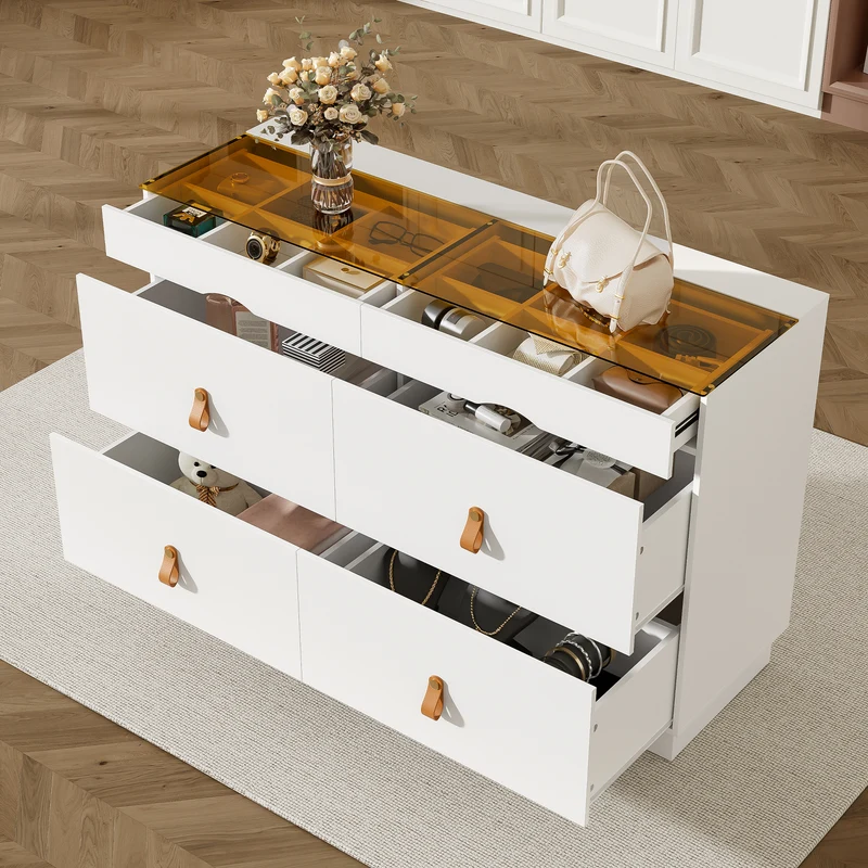 Buffet de chambre dressing blanc top vitré et poignées en cuir 120x40x78cm VERTEXKRYNNOR