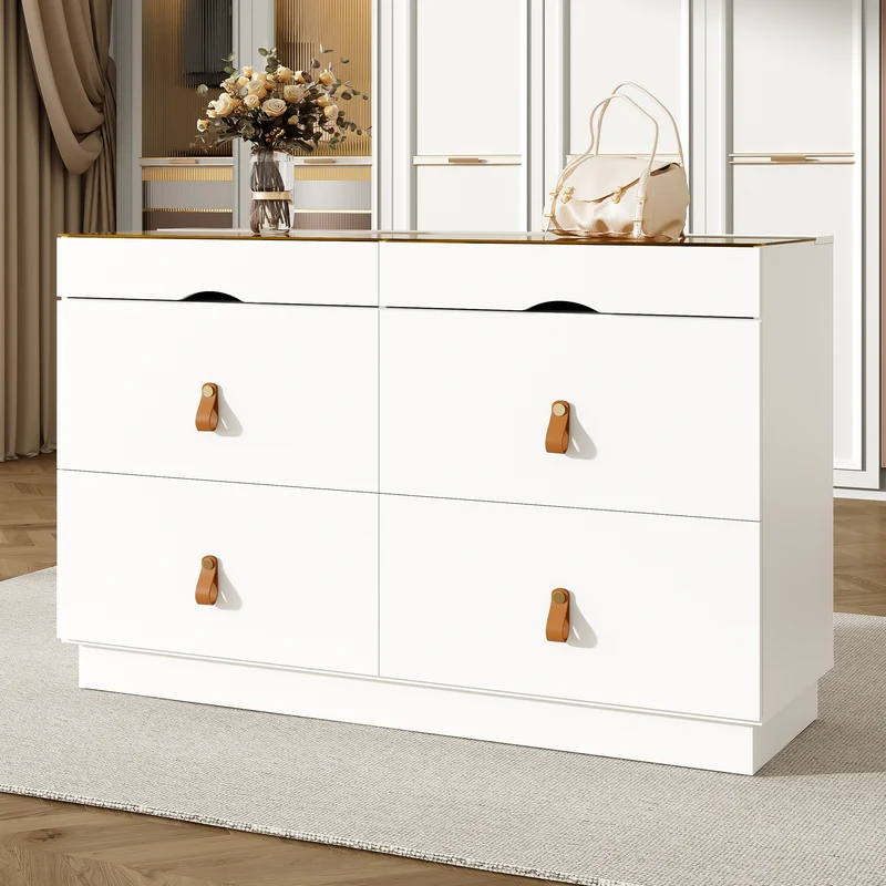 Buffet de chambre dressing blanc top vitré et poignées en cuir 120x40x78cm VERTEXKRYNNOR