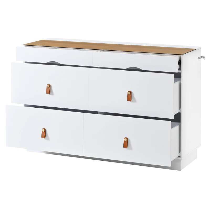 Buffet de chambre dressing blanc top vitré et poignées en cuir 120x40x78cm VERTEXKRYNNOR