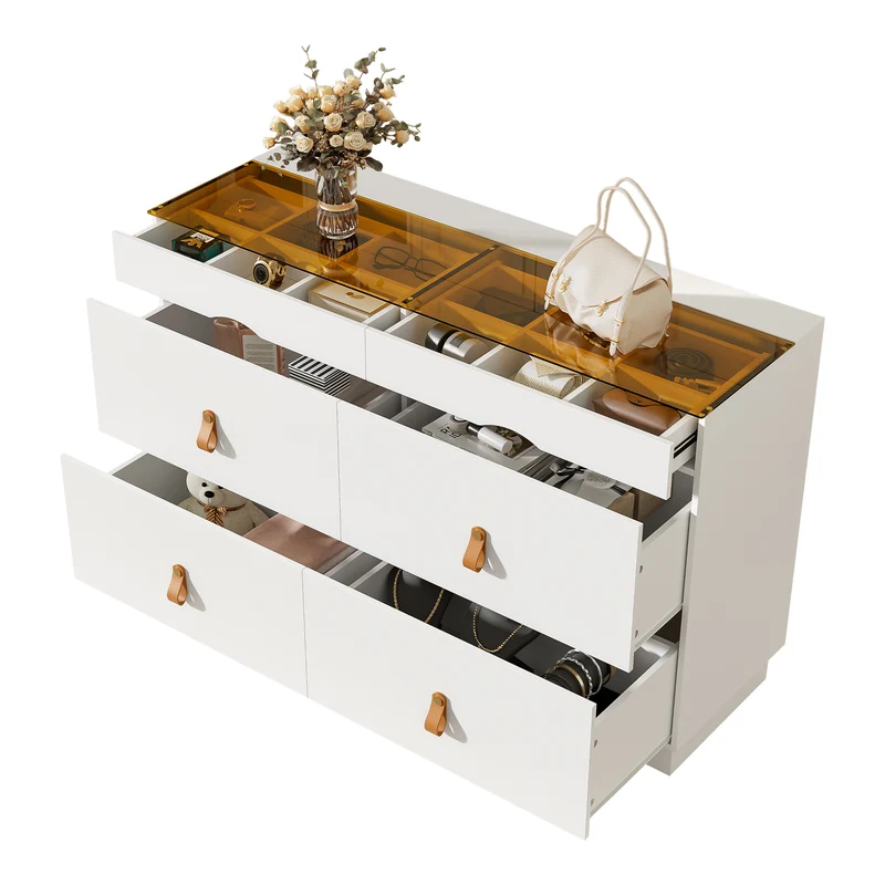 Buffet de chambre dressing blanc top vitré et poignées en cuir 120x40x78cm VERTEXKRYNNOR